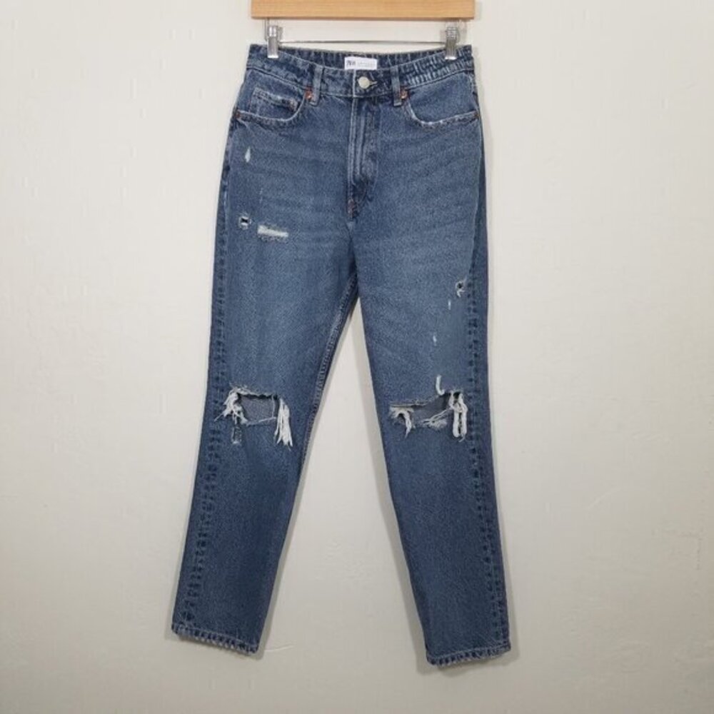 Zara High Rise Distressed Jeans Blue Size 6